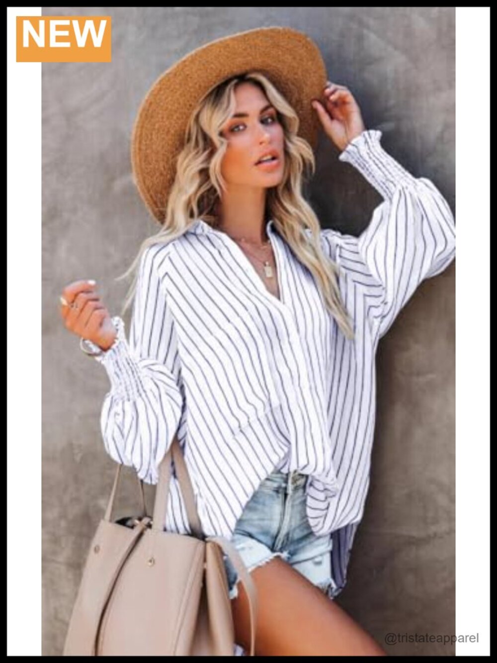 Women's Cotton Blend Striped Button Down Shirt Long Sleeve V Neck Blouse - Picture 5 of 6